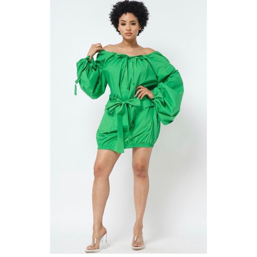 New Women's Off-The-Shoulder Shirtdress Green Pockets Button Up Elastic Belt Tie